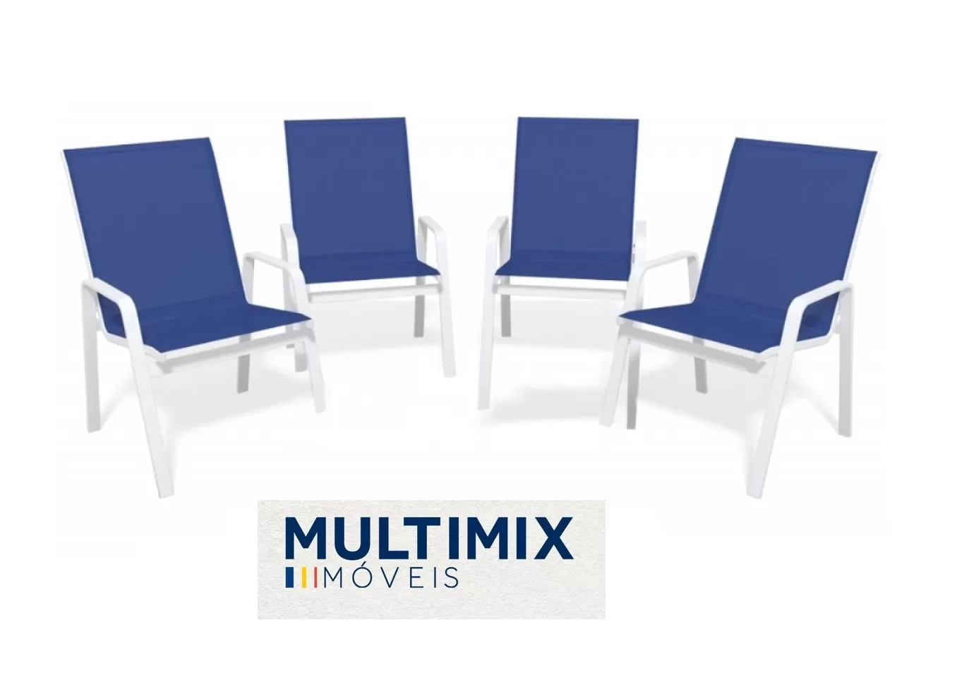 Kit com 4 Cadeiras para Piscina Summer - Alumínio Branco, Tela Sling Azul Escuro | Empilhável