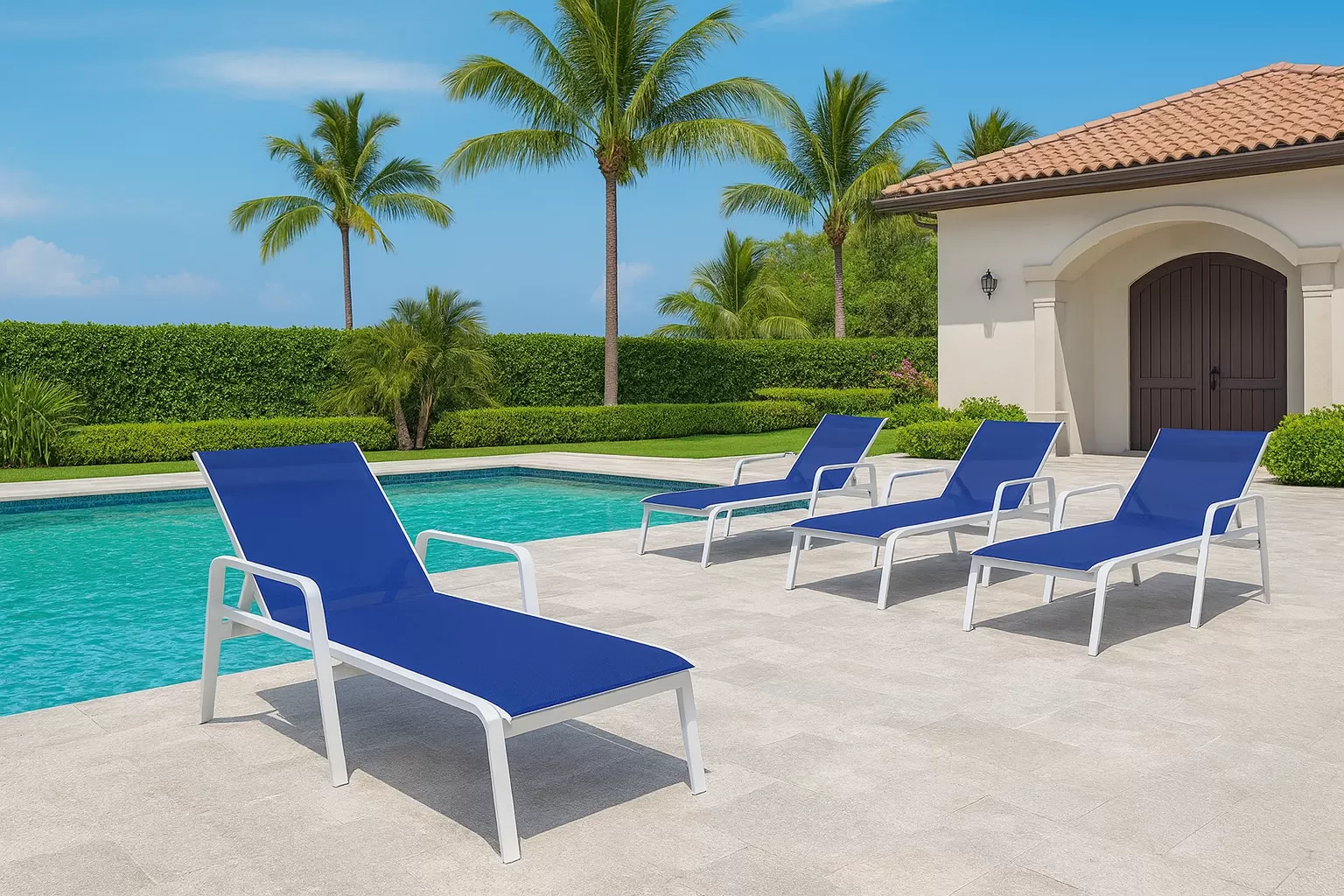 Kit com 2 Espreguiçadeiras para Piscina Summer - Alumínio Branco, Tela Sling Azul Escuro | Empilhável