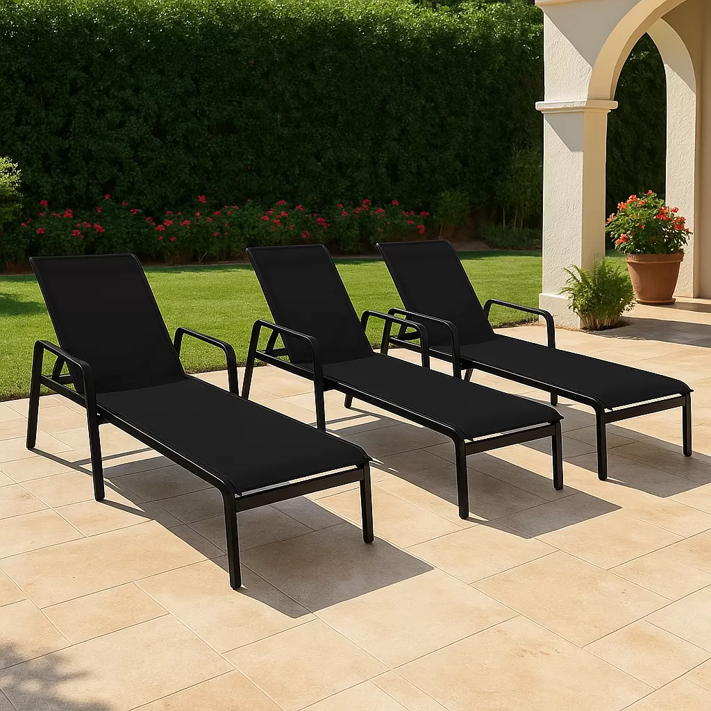 Kit com 2 Espreguiçadeiras para Piscina Summer - Alumínio Preto, Tela Sling Preta | Empilhável