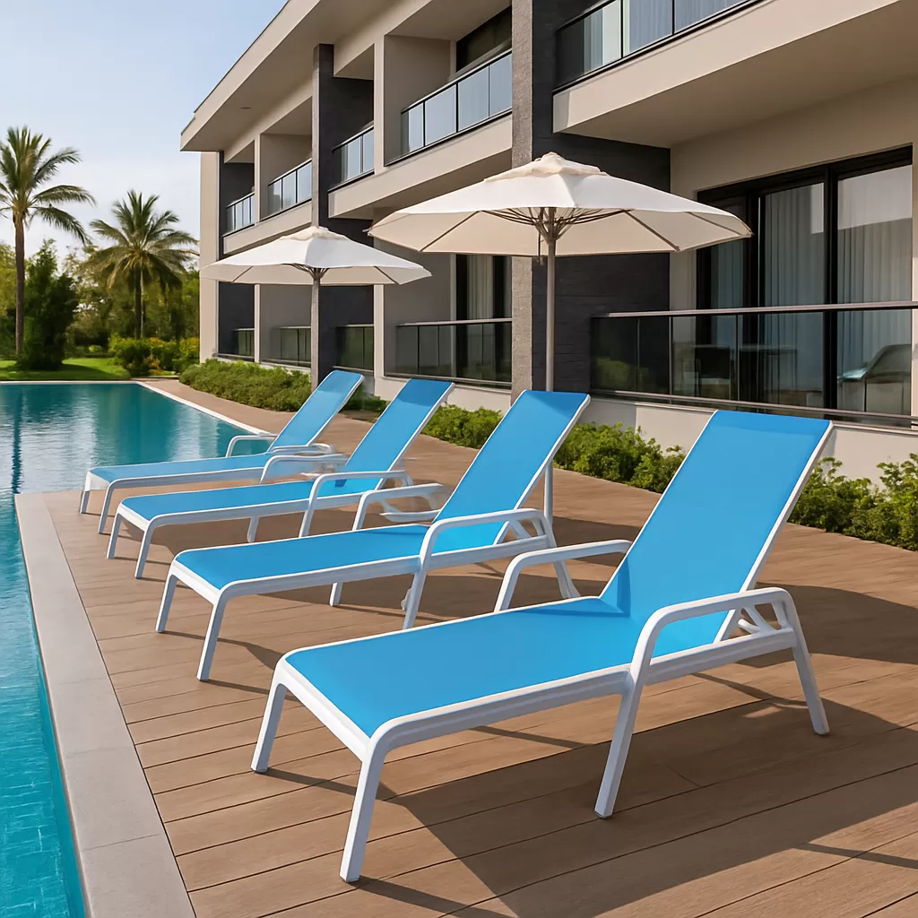 Kit com 3 Espreguiçadeiras para Piscina Summer - Alumínio Branco, Tela Sling Azul Claro | Empilhável