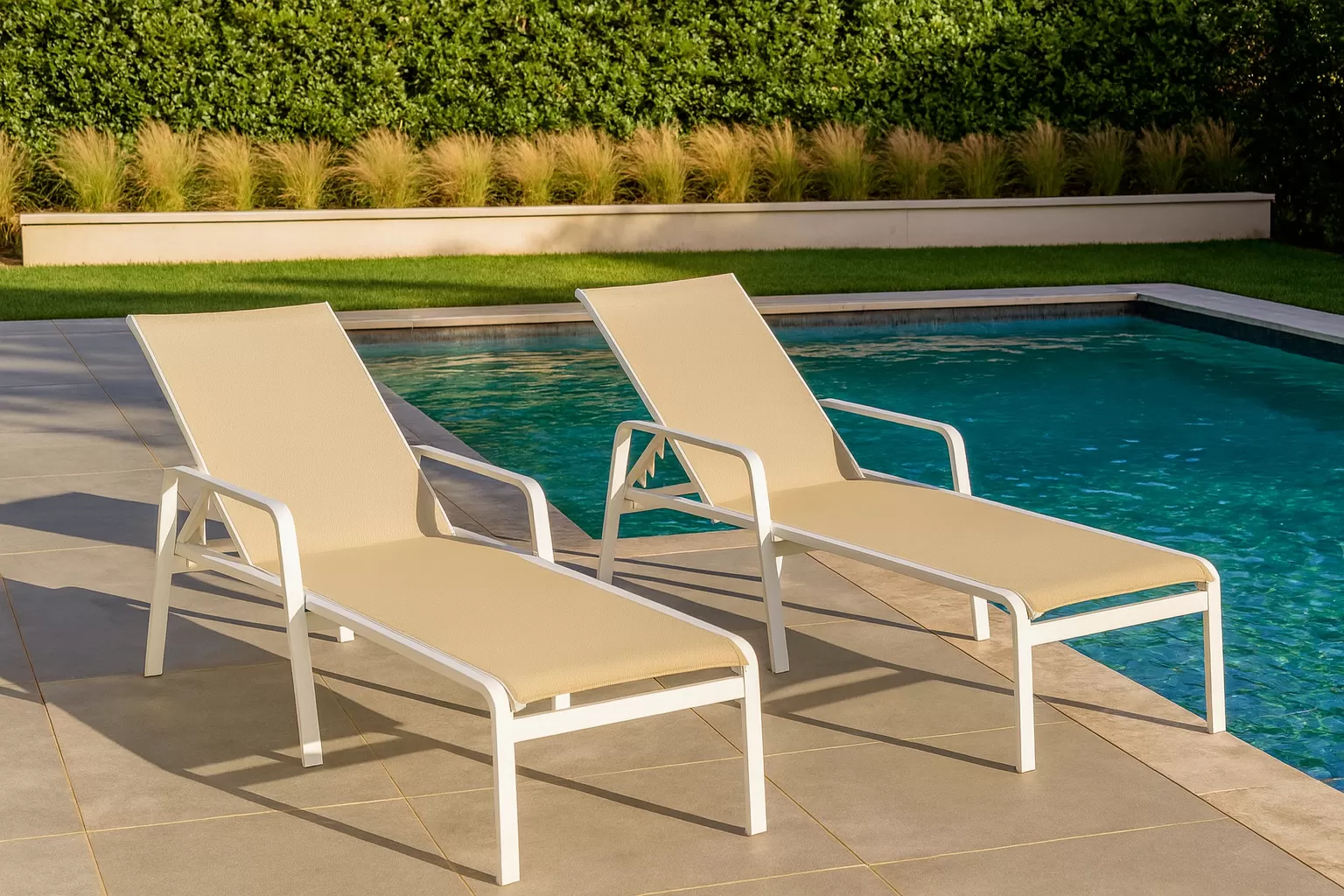 Kit com 5 Espreguiçadeiras para Piscina Summer - Alumínio Branco, Tela Sling Bege | Empilhável