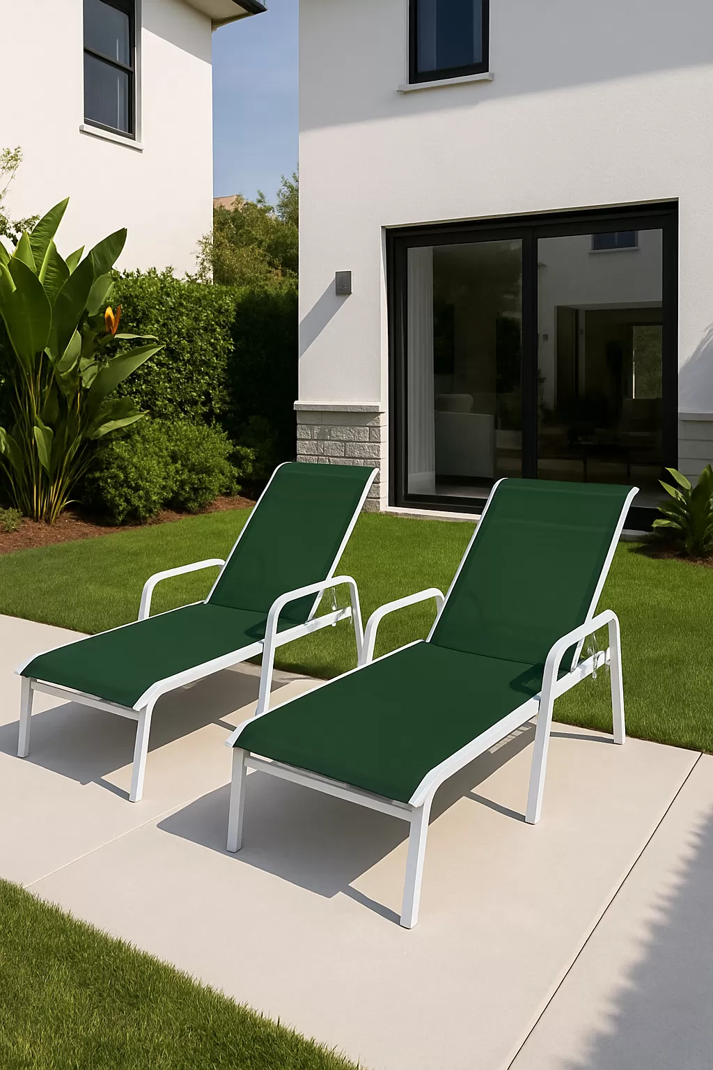 Kit com 5 Espreguiçadeiras para Piscina Summer - Alumínio Branco, Tela Sling Verde Escuro | Empilhável