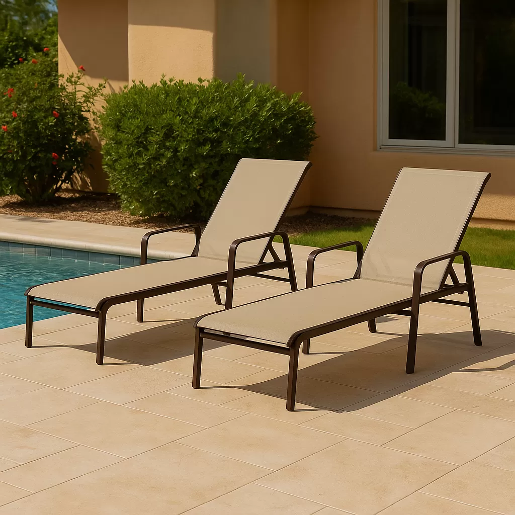 Kit com 5 Espreguiçadeiras para Piscina Summer - Alumínio Marrom, Tela Sling Bege | Empilhável