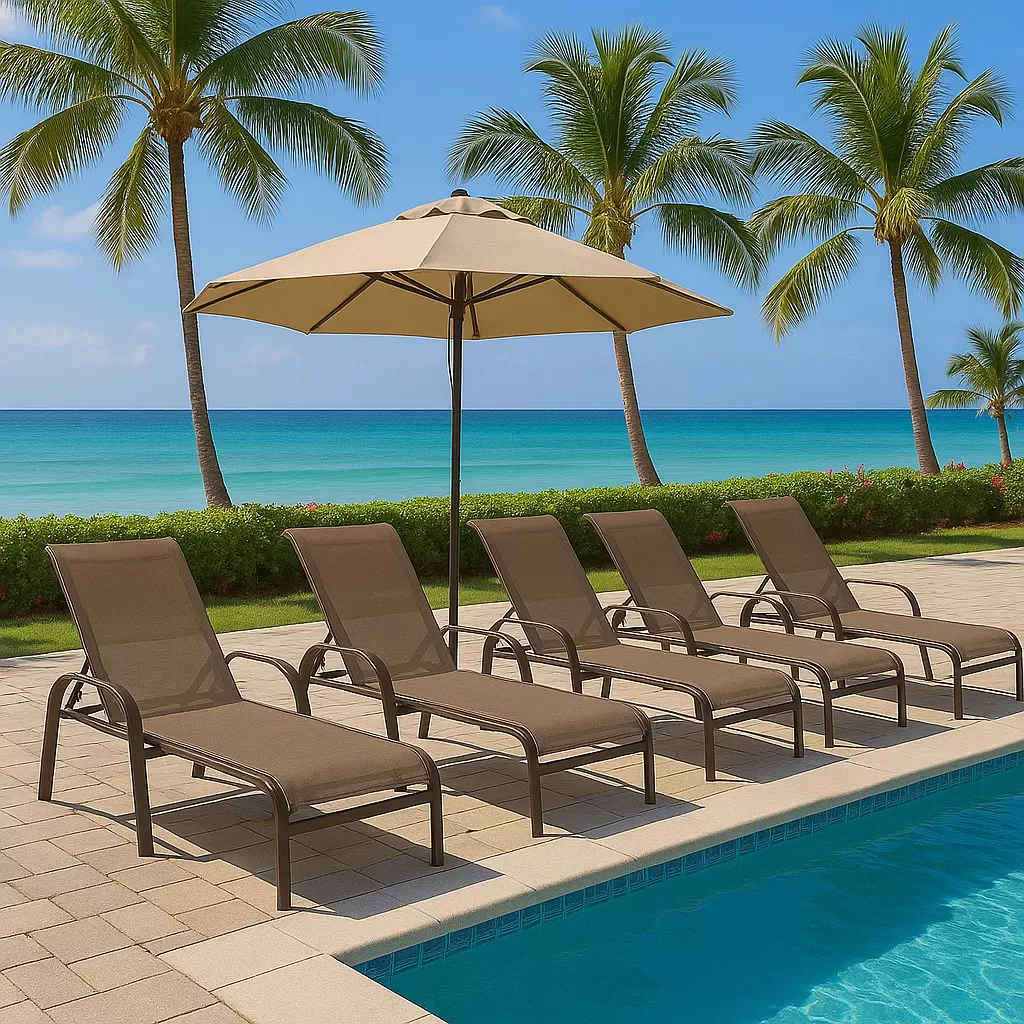 Kit com 5 Espreguiçadeiras para Piscina Summer - Alumínio Marrom, Tela Sling Marrom | Empilhável