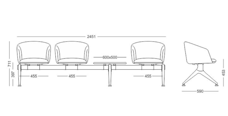 Longarina Corporativa Pix 4 Lugares - Barra e pés preto *Com Mesa Intermediária