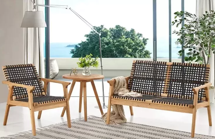 Sofá em Madeira 2 Lugares Corda Preta | Linha Traço - Alt. 0,83 cm X Larg. 1,19 cm X Prof. 0,72 cm - Espaço Casa e Jardim