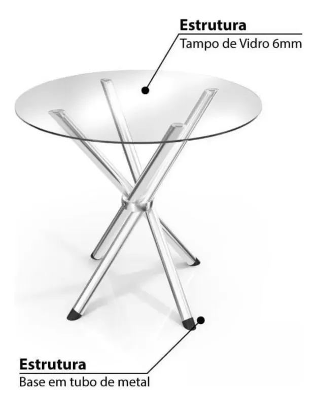 Mesa Redonda Volga Tampo De Vidro E Base Metal Cromado
