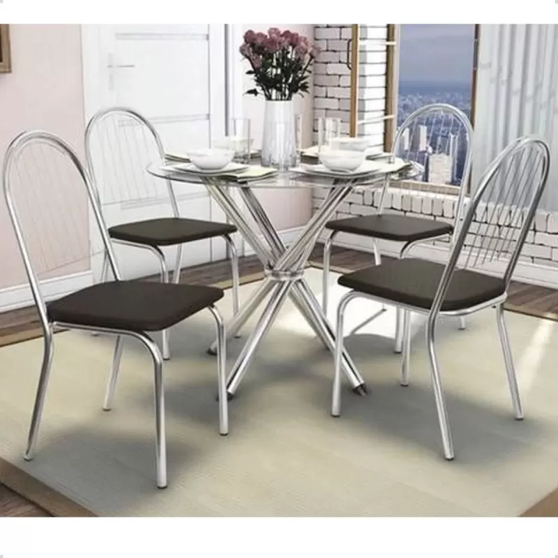 Mesa Redonda Volga Tampo De Vidro E Base Metal Cromado