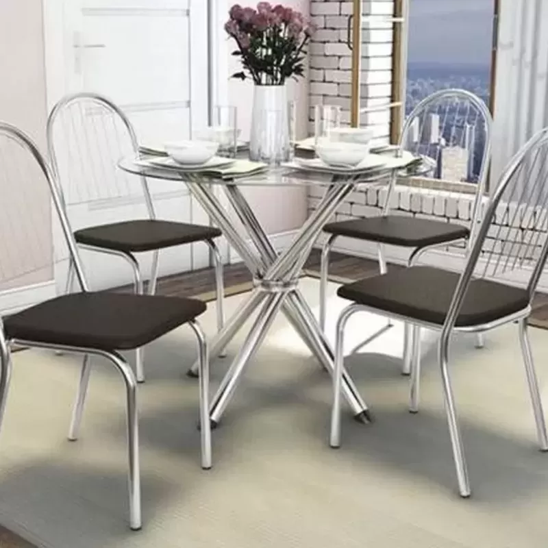 Mesa Redonda Volga Tampo De Vidro E Base Metal Cromado