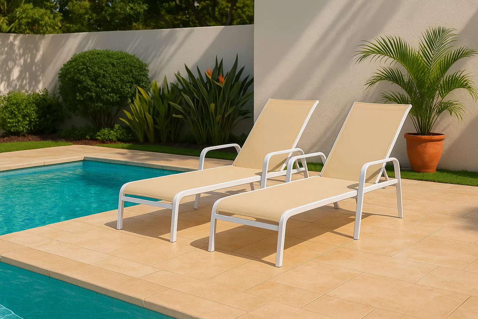 Espreguiçadeira para Piscina Summer - Alumínio Branco, Tela Sling Bege Mesclado | Empilhável