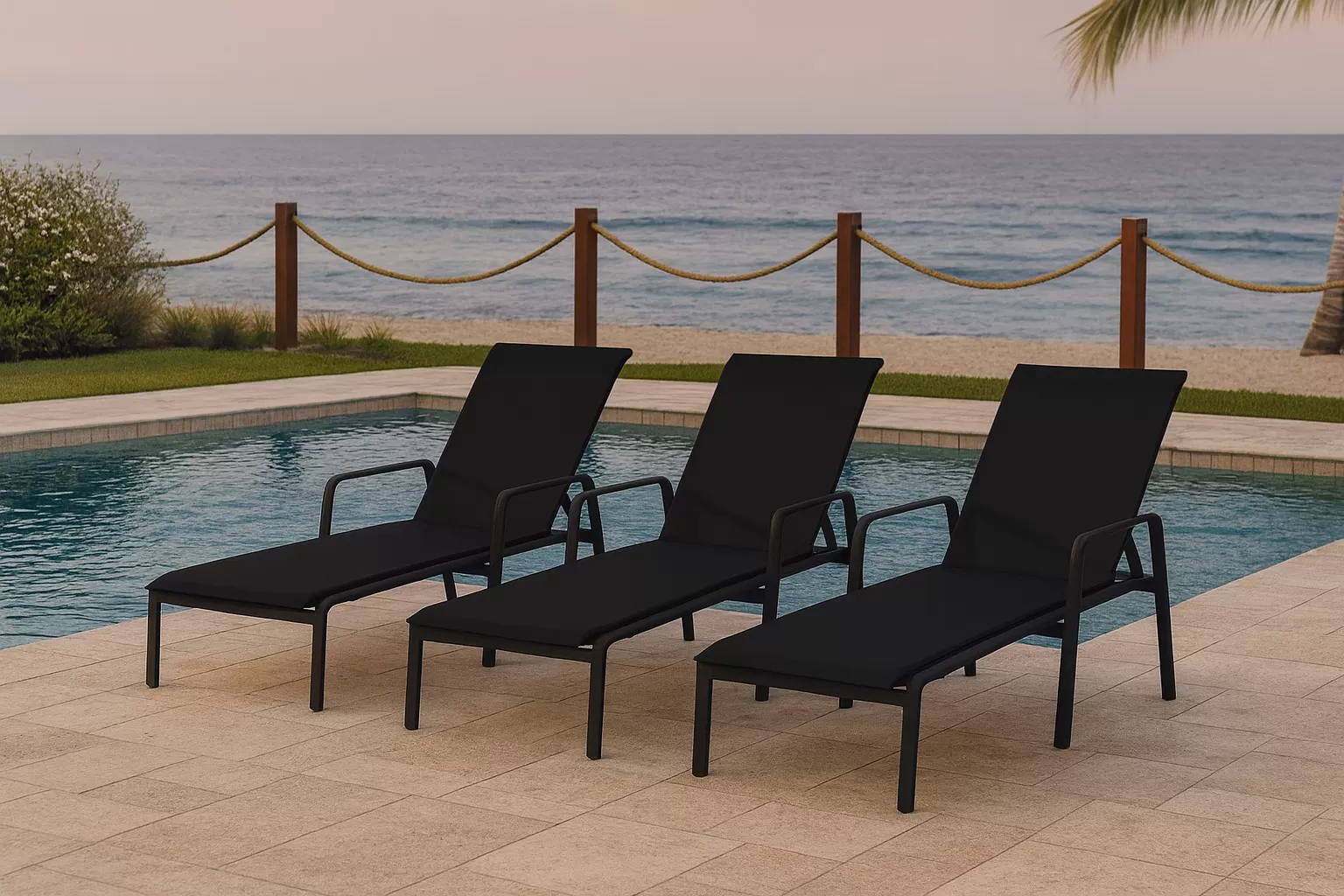 Espreguiçadeira para Piscina Summer - Alumínio Preto, Tela Sling Preta | Empilhável