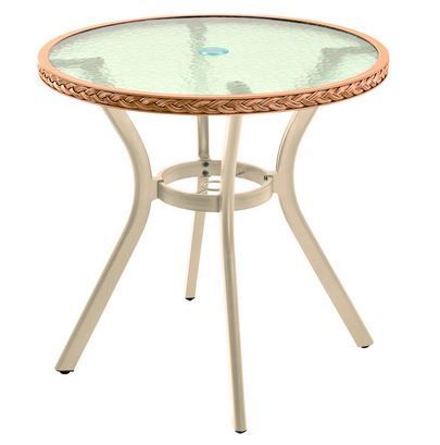 Mesa Fiore Em Alumínio Marfim Fibra Sintética Trama Marfim | Mestra Fibra - Alt. 73 Cm X ø 72 Cm *com Tampo De Vidro Jateado