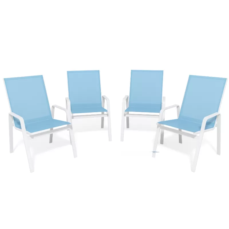 Kit Com 4 Cadeiras Para Piscina Summer - Alumínio Branco, Tela Sling Azul Claro | Empilhável