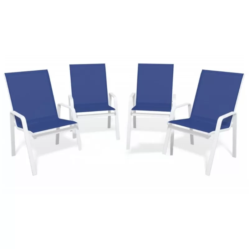 Kit Com 4 Cadeiras Para Piscina Summer - Alumínio Branco, Tela Sling Azul Escuro | Empilhável