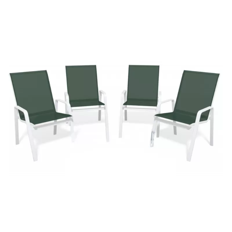 Kit Com 4 Cadeiras Para Piscina Summer - Alumínio Branco, Tela Sling Verde Escuro | Empilhável