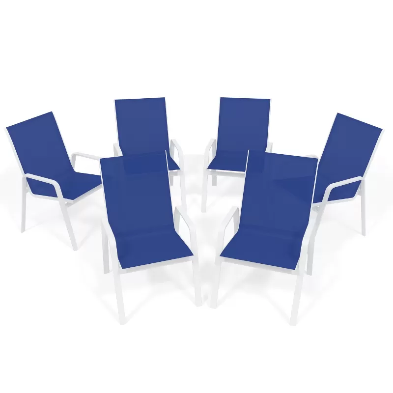 Kit Com 6 Cadeiras Para Piscina Summer - Alumínio Branco, Tela Sling Azul Escuro | Empilhável