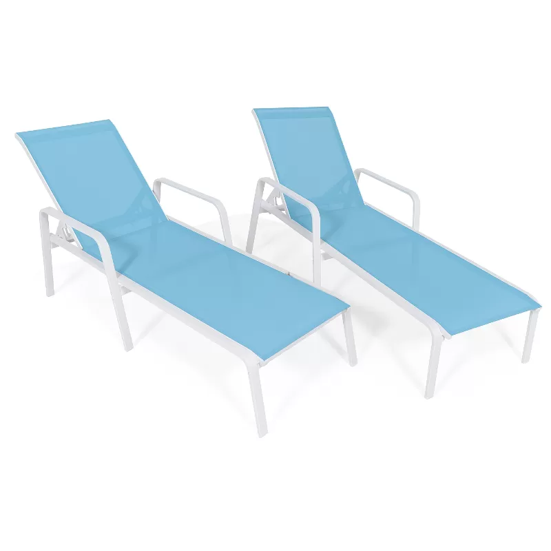 Kit Com 2 Espreguiçadeiras Para Piscina Summer - Alumínio Branco, Tela Sling Azul Claro | Empilhável