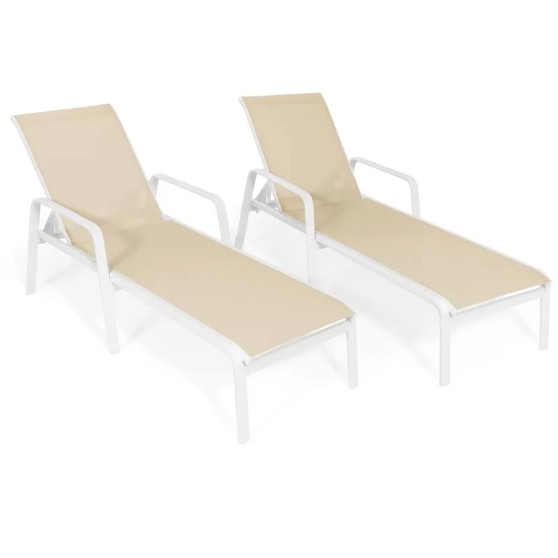 Kit Com 2 Espreguiçadeiras Para Piscina Summer - Alumínio Branco, Tela Sling Bege | Empilhável