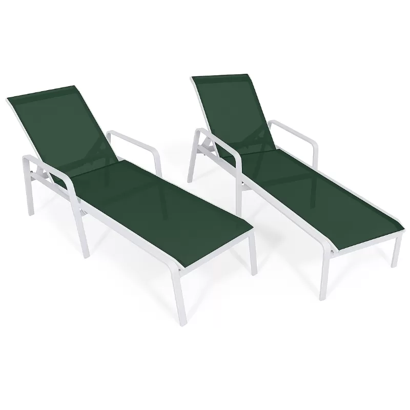 Kit Com 2 Espreguiçadeiras Para Piscina Summer - Alumínio Branco, Tela Verde Escuro | Empilhável