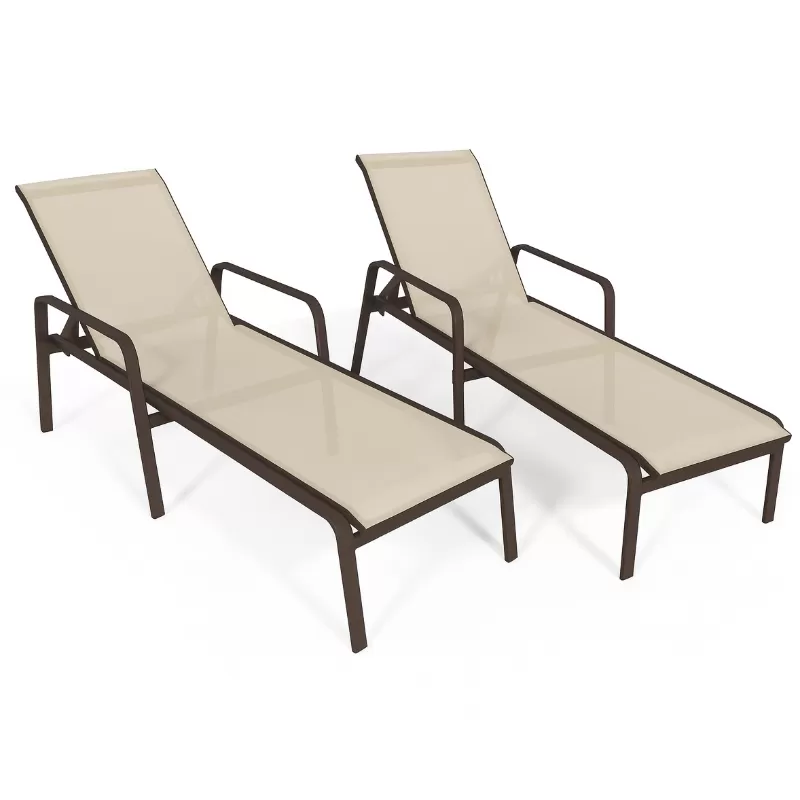 Kit Com 2 Espreguiçadeiras Para Piscina Summer - Alumínio Marrom, Tela Sling Bege | Empilhável