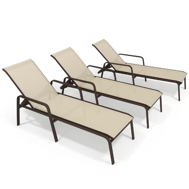 Kit Com 3 Espreguiçadeiras Para Piscina Summer - Alumínio Marrom, Tela Sling Bege | Empilhável