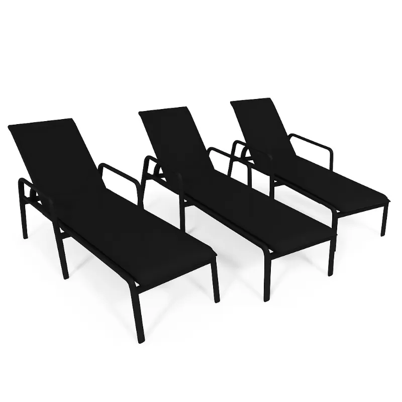 Kit Com 3 Espreguiçadeiras Para Piscina Summer - Alumínio Preto, Tela Sling Preta | Empilhável