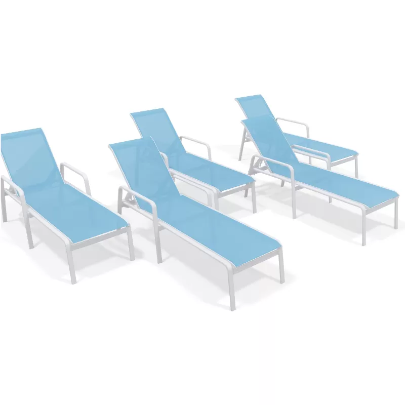 Kit Com 5 Espreguiçadeiras Para Piscina Summer - Alumínio Branco, Tela Sling Azul Claro | Empilhável