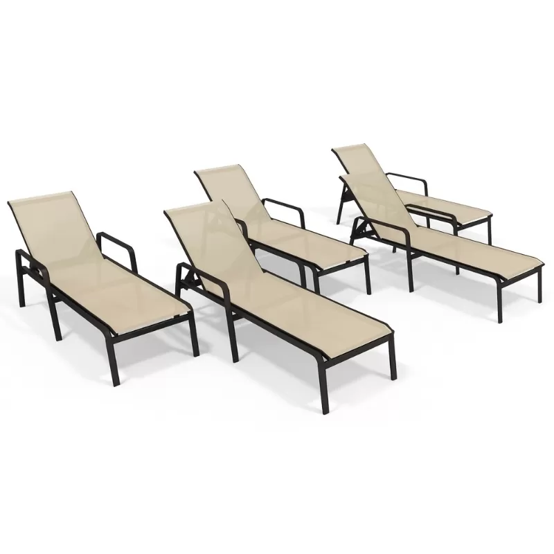 Kit Com 5 Espreguiçadeiras Para Piscina Summer - Alumínio Marrom, Tela Sling Bege | Empilhável