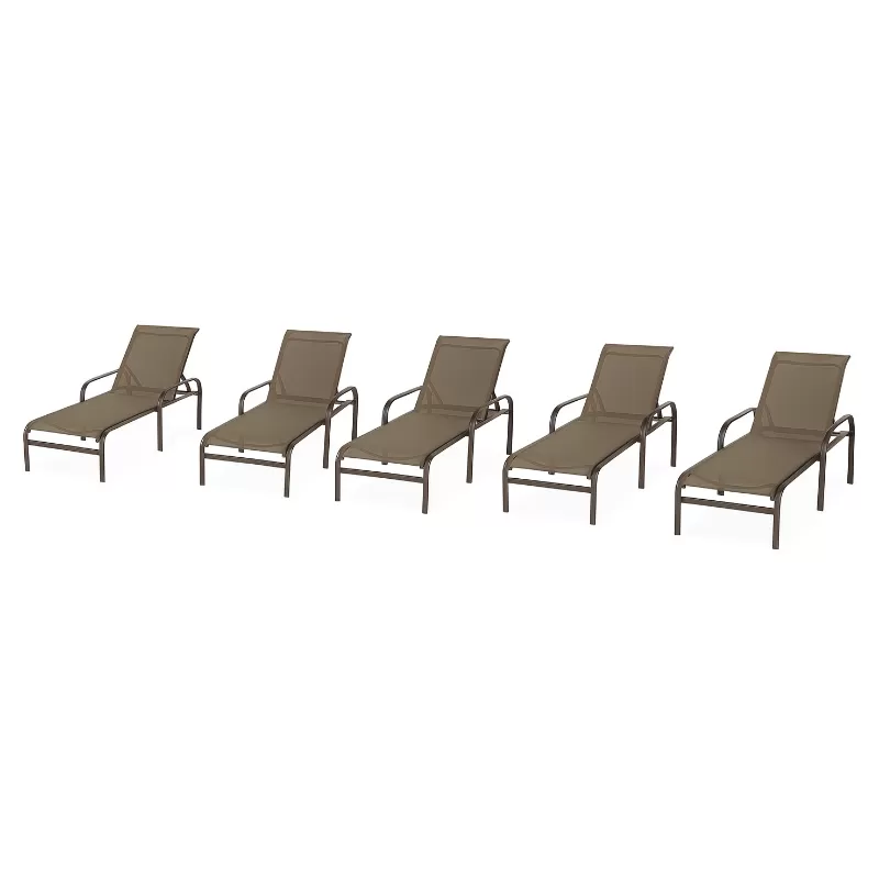 Kit Com 5 Espreguiçadeiras Para Piscina Summer - Alumínio Marrom, Tela Sling Marrom | Empilhável