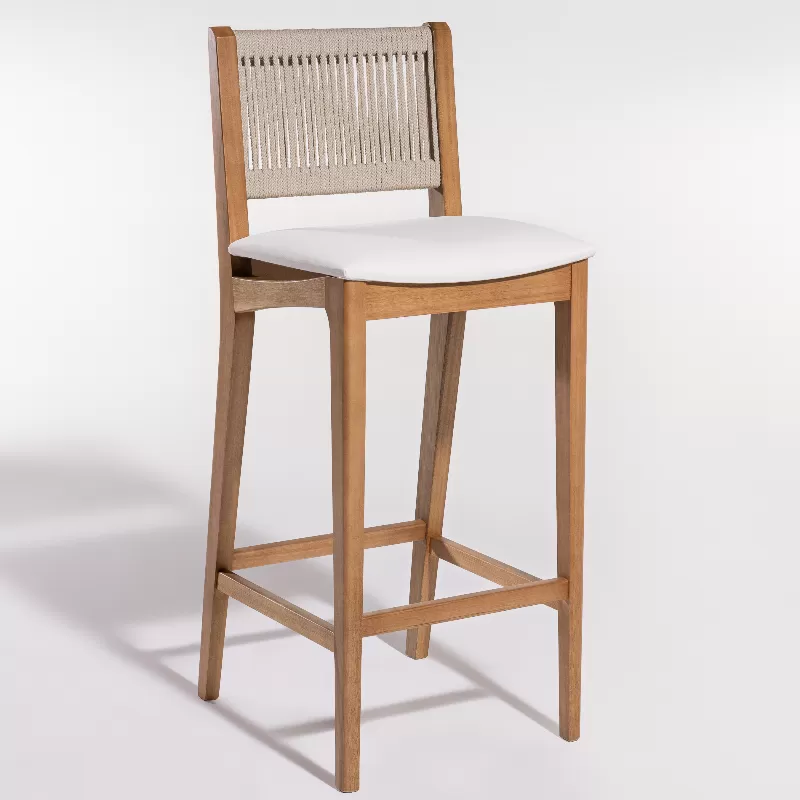 Banqueta TUNE Alta - Para Área Gourmet, Com A Assento Estofado E Encosto Em Corda | Acabamento Em Verniz - Espaço Casa E Jardim