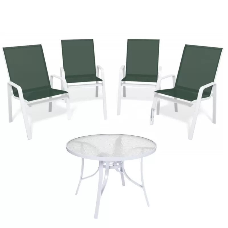 Conjunto Summer Alumínio - Mesa Redonda Branca ø 1,05m + 4 Cadeiras Tela Sling Verde Escuro - Menor Preço Do Brasil