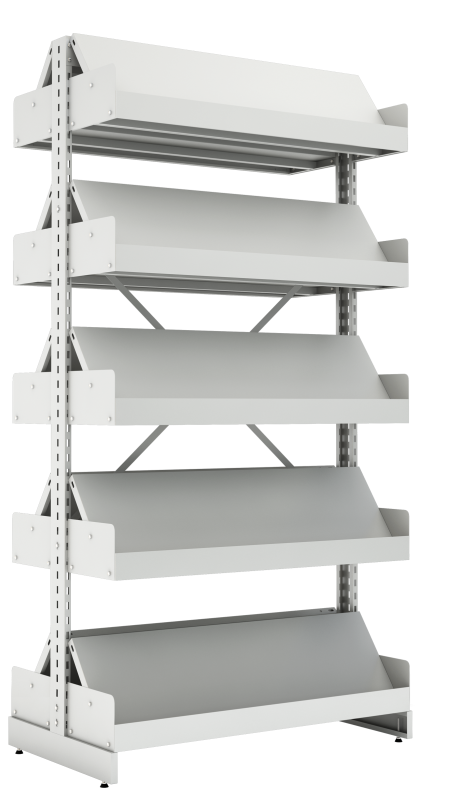 Estante Dupla Face De Aço Para Biblioteca Com Revisteiro - EBDR-01 | Base + 8 Prateleiras - Alt. 1,98