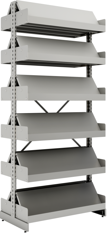 Estante Dupla Face De Aço Para Biblioteca Com Revisteiro - EBDR-02 | Base + 10 Prateleiras - Alt. 2,3