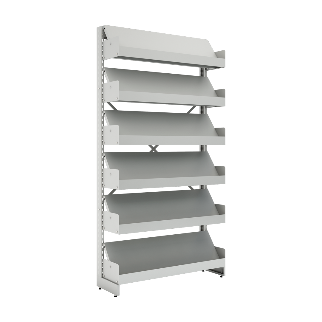 Estante Dupla Face De Aço Para Biblioteca Com Revisteiro - EBDR-03 | Base + 10 Prateleiras - Alt. 1,98