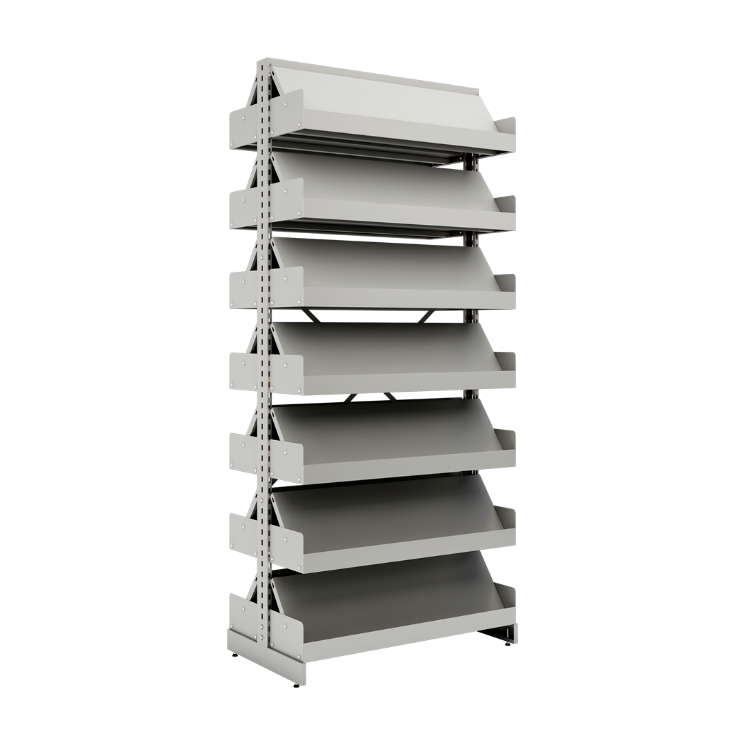 Estante Dupla Face De Aço Para Biblioteca Com Revisteiro - EBDR-04 | Base + 12 Prateleiras - Alt. 2,3