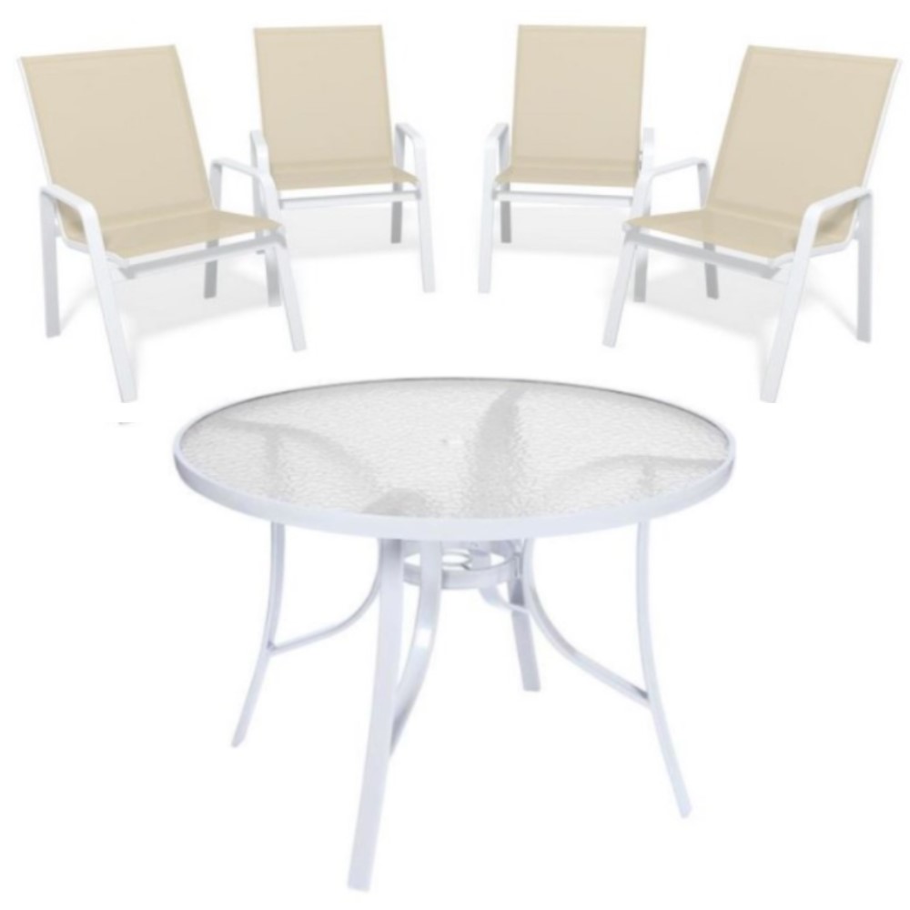 Conjunto Summer Alumínio Branco - Mesa Redonda ø 1,05m + 4 Cadeiras Tela Sling - Pronta Entrega!