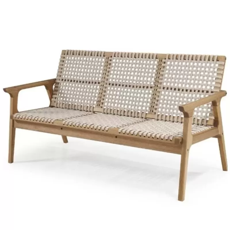 Sofá Em Madeira 3 Lugares Corda Areia E Cores | Linha Traço - Alt. 0,83 Cm X Larg. 1,55 Cm X Prof. 0,72 Cm - Espaço Casa E Jardim